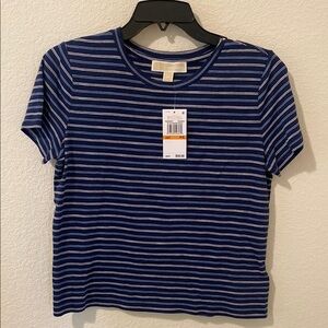 New Michael Kors Blue Striped Cotton Crop T-Shirt In Size Petite Small